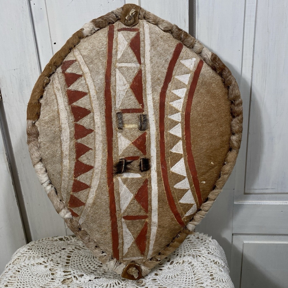 African Tribal CEREMONIAL LEATHER PAINTED SHIELD, 16" Hide Leather Fur‎